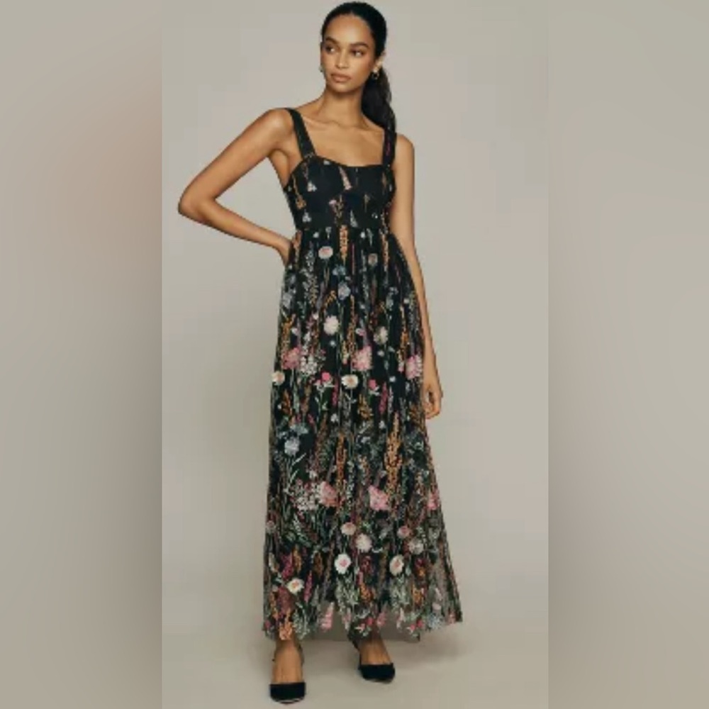 By Anthropologie Mesh/Fully Embroidered Black Gown NWT